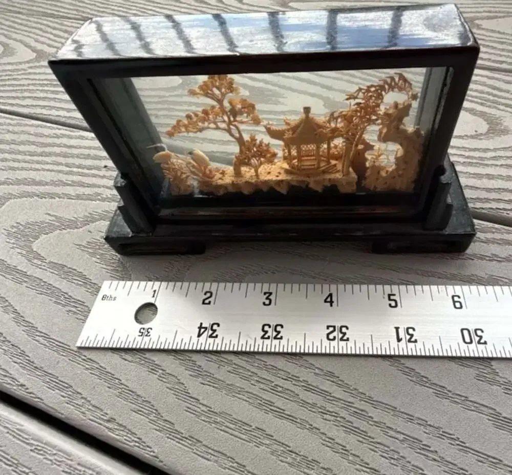 Vintage Chinese Hand Carved Cork Diorama with Pagoda in Black Lacquer Stand